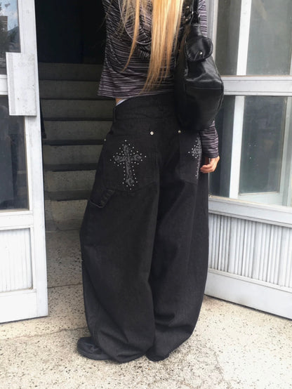 風格十字架牛仔闊褲