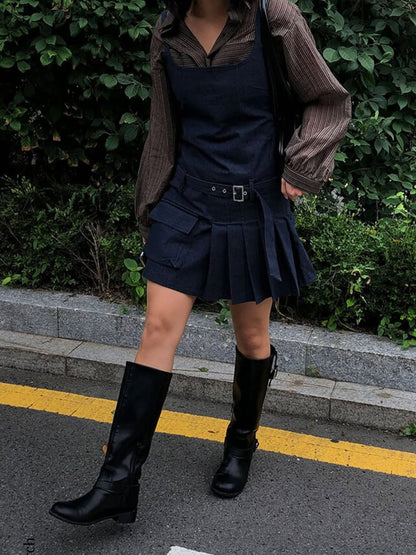 假牛仔布百褶連身裙