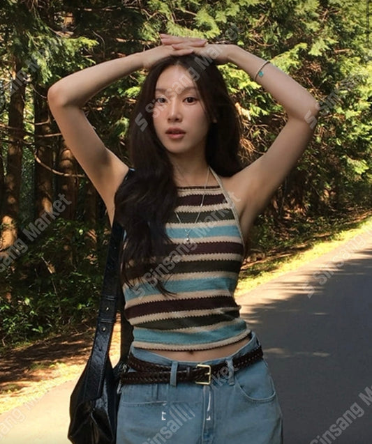 韓系拼色綁頸背心