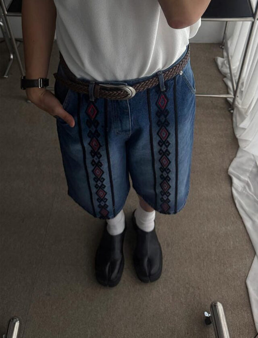 民族圖案牛仔七分褲