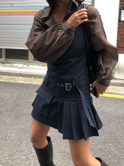 假牛仔布百褶連身裙