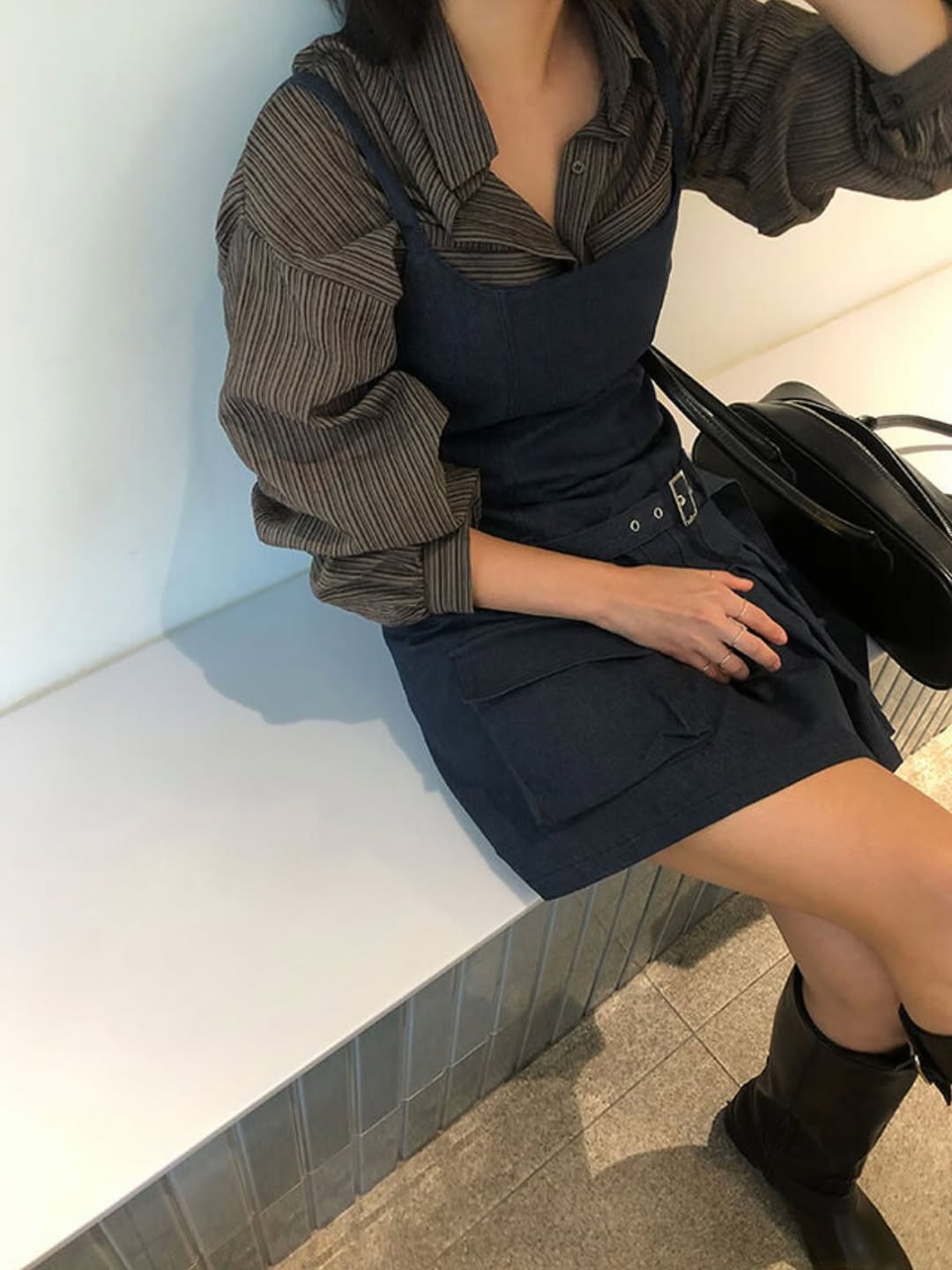 假牛仔布百褶連身裙