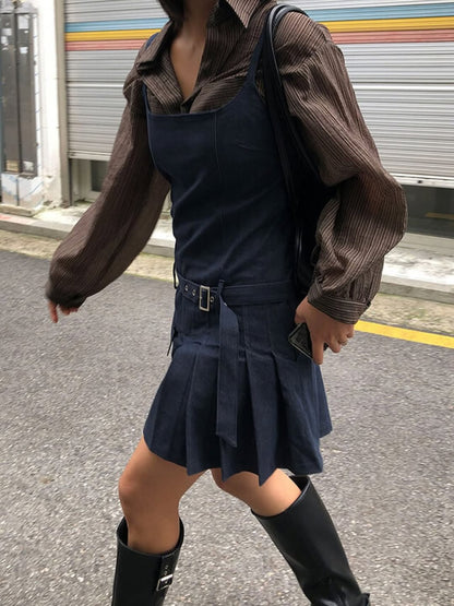 假牛仔布百褶連身裙