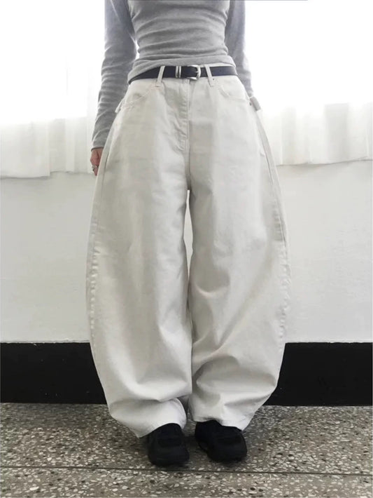 設計感牛仔微彎刀闊腿褲